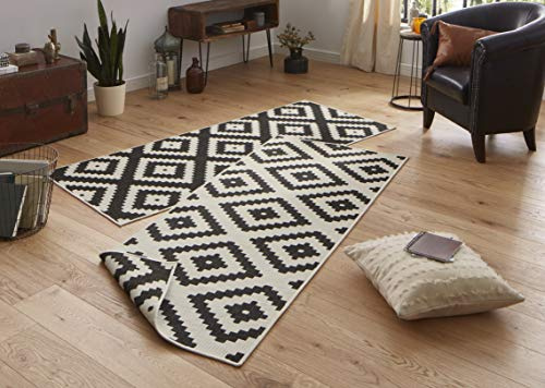 NORTHRUGS Outdoor Rug Malta Reversible Rug Weatherproof Modern Geometric Pattern Runner for Balcony Patio Garden Conservatory Living Room Rug Waterproof Polypropylene Black Cream 80 x 350 cm