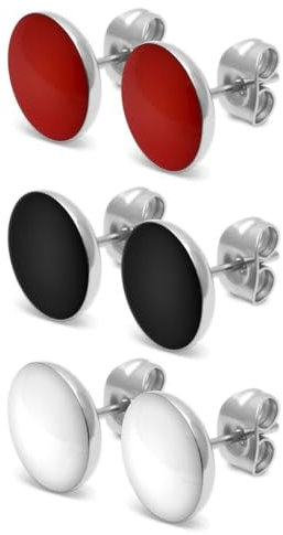 Soul-Cats 3er Set runde Ohrstecker Ohrringe aus Edelstahl, glänzend für Frauen Mädchen Durchmesser 10mm, Farbe: rot weiß schwarz