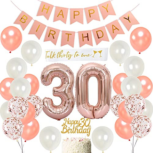 JOYMEMO 30th Birthday Decorations Rose Gold for Women - 30th Happy Birthday Banner, Satin Sash, Number 30 Foil Balloon, Happy Birthday Bunting, Cake Topper