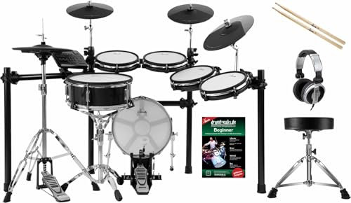 XDrum DD-650 PLUS Mesh E-Drum Kit - elektronisches Schlagzeug mit echter HiHat - 14 Snare-Pad und 14 Kick-Pad aus Holz - 720 Sounds - inkl. Rack, Hocker, Kopfhörer, Sticks und Schule - Black Sparkle