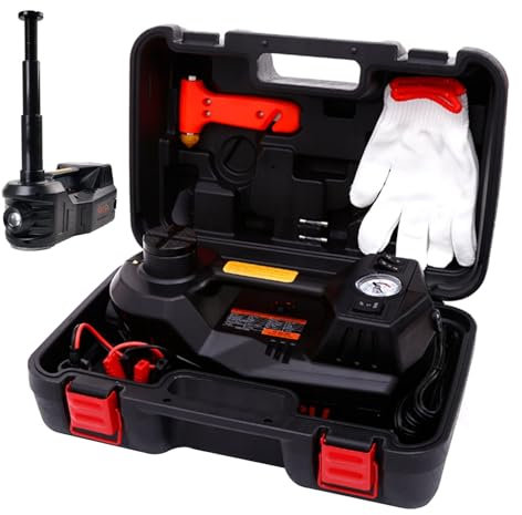 ROGTZ Kit de cric hydraulique amélioré de 5 tonnes pour véhicule électrique 4 en 1, outil de premiers secours avec pompe à pneu intégrée et lumière LED pour SUV, berline, camion, remorque