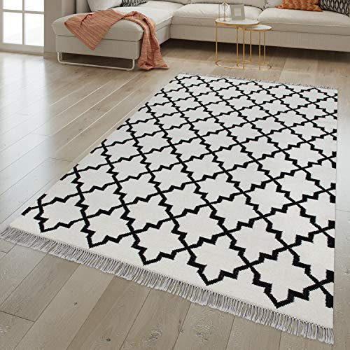 TT Home Wohnzimmer Teppich Orient Design Handgewebt Mit Fransen, Wolle Baumwolle Weiß, Größe:80x150 cm