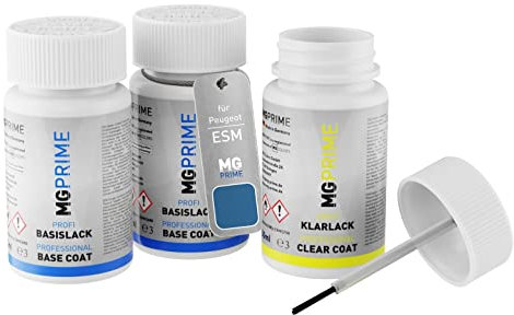 MG PRIME Autolack Lackstift Set für Peugeot ESM Bleu Vertigo Metallic/Vertigo Blau Metallic Grundlack Basislack Klarlack je 50ml