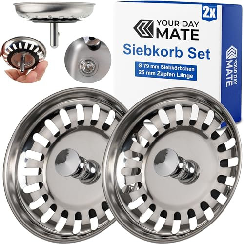 Cesto colador de Fregadero, Paquete de 2, cesto colador de Ø 79 mm, en Acero Inoxidable, la Espiga del cesto sobresale 25 mm en el desagüe, Clavija de Ø 7,8 mm, Repuesto para fregaderos de Cocina