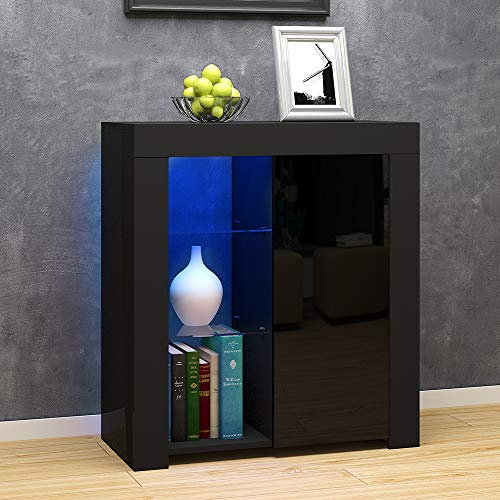 Panana Sideboard Storage Cupboard High Gloss Front Cabinet RGB Multicolor LED Lighting with Doors and Shelves Living Room Furniture (Black)