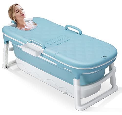 Dripex Portable Bathtub Adult, Folding Bathtub 138X62X52cm Large Thicken Free Standing Soaking Barrel, Foldable Massage Sweat Steam Bath Tub with Lid, Bathroom Warm Spa Sauna for Adults Children, Blue