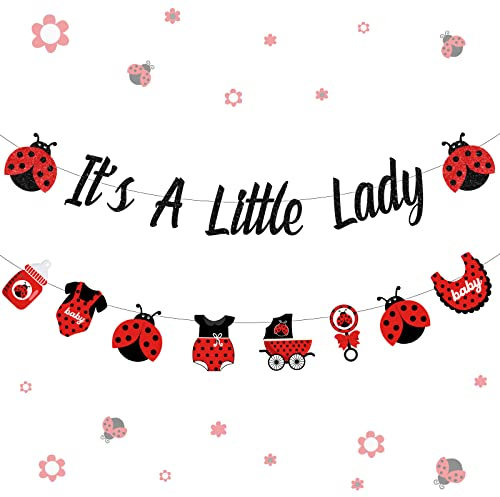 Marienkäfer-Babyparty-Dekorationen Lady Beetles Gender Reveal It's A Little Lady Banner Marienkäfer Girlande Rot und Schwarz Partyzubehör für Mädchen