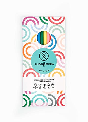 Rainbow Reusable Silicone Straws, 8 pcs and Cleaning Brush, Made in The UK, BPA Free, Child Friendly and Dishwasher Safe