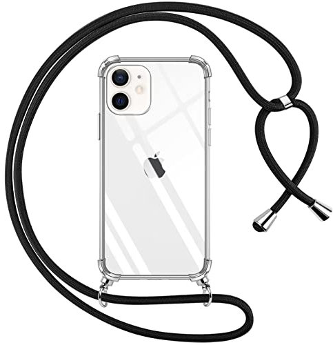 Pnakqil handyband für iPhone 12/iPhone 12 Pro Hülle mit Band, Transparent Weich Silikon Case mit Kordel Necklace, Durchsichtig Anti-Fall Schutzhülle für iPhone 12 mit Lanyard, Schwarz