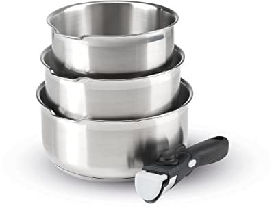 Qdesign - Utensilios de cocina de inducción de 4 piezas - Juego de 3 ollas de acero inoxidable de 16, 18 y 20 cm con 1 mango extraíble - Acero inoxidable - Juego para todo tipo de cocinas - Plata