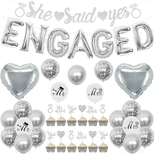 Engagement Party Decorations Silver - She Said Yes Banner, Glitter He Asked She Said Yes Cupcake Toppers, Engaged Foil Balloons, Mr Mrs Printed Balloons for Engagement Wedding Bridal Shower Supplies