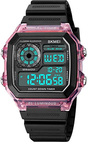 SKMEI Orologio da polso da uomo, digitale, sportivo, impermeabile, con doppio orario, cronografo, conto alla rovescia, sveglia, retroilluminazione, trasparente, viola, 4,2 x 1,3 cm, classico, Viola