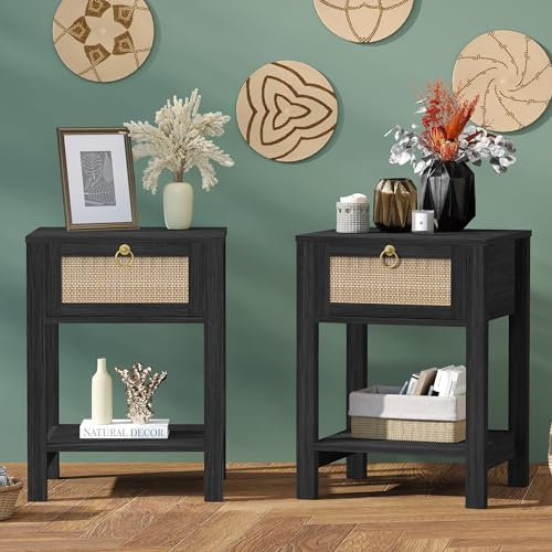 SICOTAS Rattan-Nachttisch-Set, Rattan-Dekor-Schublade mit Messingknöpfen, Nachttisch, Boho-Beistelltische, Beistelltische mit Ablage, für Schlafzimmer, kleiner Raum
