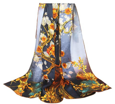 ANDANTINO Schal aus 100% reiner Maulbeerseide, 110 cm, groß, quadratisch, leicht, Kopftuch und Schal, für Damen, mit Geschenkverpackung, Goldener Baum, 42