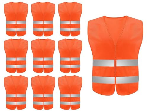 Hitopin Warnweste, 10PCS Sicherheitswesten, Orange Sicherheitsweste, Auto Reflektorweste, Reflektierenden Streifen Weste, Neon gelb Reflektierend Warnweste, für Fahrern, Arbeitskräften, Erwachsene