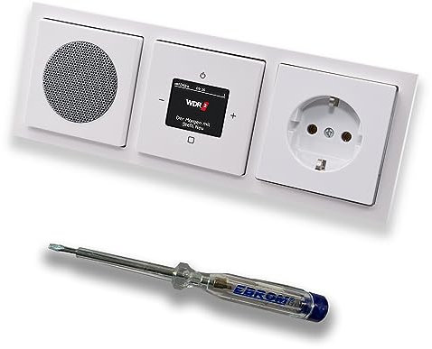 Busch Jäger DAB+ (DAB PLUS) UnterputzRadio 8215U-101 Future Linear Studioweiß, Set mit Lautsprecher, Abdeckungen, Steckdose mit Kinderschutz, Rahmen + EBROM Phasenprüfer zur Montage d. Geräte - 8215U