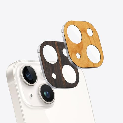 Carveit Protezione per Obiettivo per per iPhone 13/13 mini Pellicola Fotocamera Posteriore, Legno Design unico in intarsio di Temperato Lente Accessori, (Legno nero+Ciliegia Legno) [2 Pezzi]