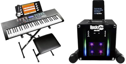 Rockjam 61-Key Keyboard Piano Kit with Keyboard Stand, Piano Bench, Headphones, Piano Note Stickers & Lessons, RJ660-SK, Black & RJSC01-BK Singcube 5-Watt Rechargeable Bluetooth Karaoke Machine