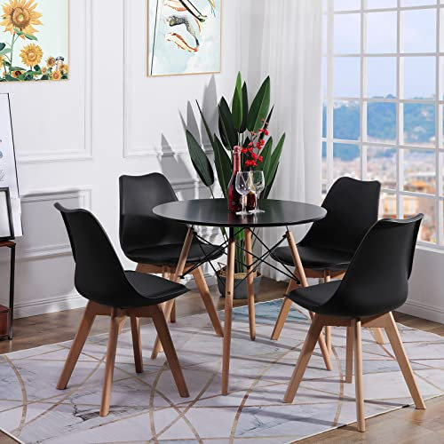 LafeuR Rund Esstisch mit 4 Stühlen Esszimmergruppe, Essgruppen für 4 Personen, 4er Set Esszimmerstühle mit Tisch für Wohnzimmer Küche Büro(Schwarz Tisch + 4 Schwarz Stühle)