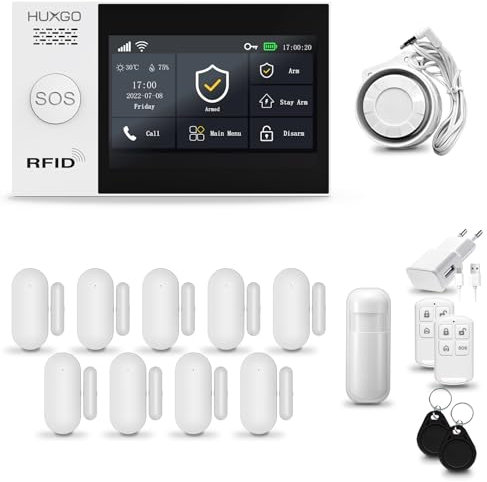HUXGO® HXA007 Funk Alarmanlage Set WiFi + GSM 4G mit Sirene | Alarm System mit Bewegungsmelder, 9X Tür- Fenstersensor, Fernbedienung | Wohnmobil Alarmanlage | Smart Home Security