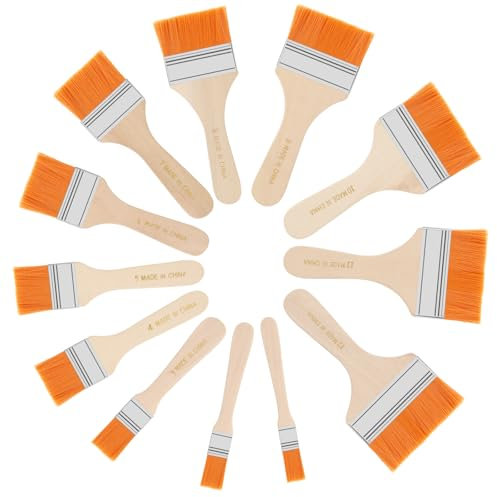 Giantree Pack of 12 Glaze Brushes, Flat Brushes with Wooden Handle, Small Nylon Brush, Varnish Brush, Window Brush for DIY Art, Decorating, Watercolour, Oil, Gouache, Wood Colour, Drawing, Cleaner,