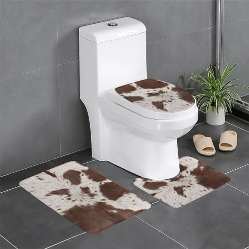 FUkker rutschfeste Badvorleger, 3-teiliges Set mit rutschfesten Badezimmerteppichen und U-förmiger Toilettenmatte,Kuh Kuhfell Druck