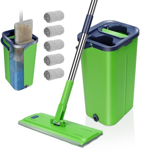 Masthome Mopa Microfibre y Cubo Escurridor, Fregona Giratoria 360° y Cubo Autolavado con 5 Fregonas Reutilizables, Fregona de Manos Libre para Limpieza Seca y Mojado del Suelo, Verde