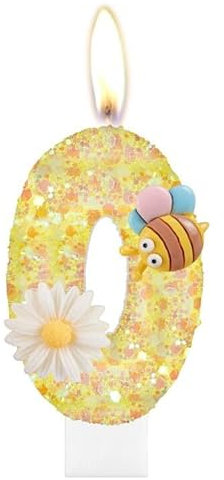 Blume Nummer 0 Kerzen mit Biene für Kuchen, Blumen-Geburtstagskerzen, Mädchen Jungen Geburtstagsdekoration, gelbe Glitzer-Geburtstagskerzen, Honigbienenkuchenkerzen, Toppers für Mädchen