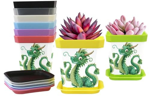 Flower Pots Plastic Planter Indoor Plant Pots, Lovely Chinese Dragon Mini Flower Seedlings Nursery Pot with Pallet, Modern Decorative Gardening Containers (Set of 8)
