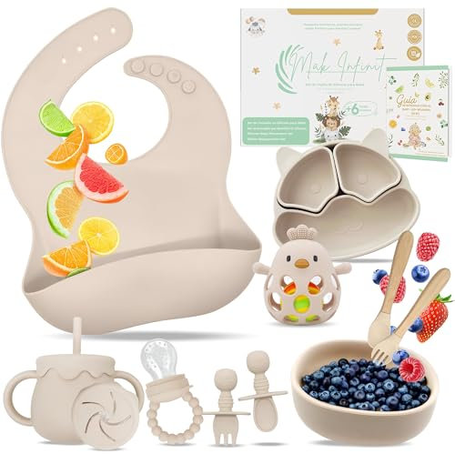 Vajilla Bebe Silicona, 16 Piezas, Cubiertos Bebe, Platos Bebe con Ventosa, Incluye Guía Baby Led Weaning de Regalo, Cubiertos Infantiles, Vajilla Infantil, Babero, Chupete Fruta, Sonajero, en Caja