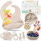 Vajilla Bebe Silicona, 16 Piezas, Cubiertos Bebe, Platos Bebe con Ventosa, Incluye Guía Baby Led Weaning de Regalo, Cubiertos Infantiles, Vajilla Infantil, Babero, Chupete Fruta, Sonajero, en Caja