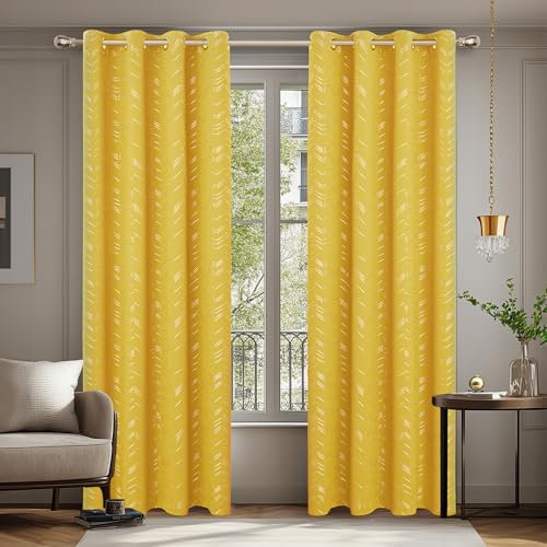 Deconovo Verdunkelungsvorhänge mit Ösen Blickdichte Gardinen Wohnzimmer Thermische Isolierung Vorhänge Lärmschutz Kälteschutz Thermogardine mit Linienmuster, 180x140 cm(HöhexBreite), Senfgelb, 2er Set