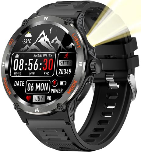 findtime Smartwatch Kompass Militär Uhr, Robust Smart Watch mit LED Taschenlampe Telefonfunktion 24H Herzfrequenz Outdoor Fitnessuhr für Android iOS