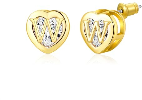 Heart Initial Stud Earrings 14K Gold Plated CZ Hypoallergenic Alphabet Letter Initial Earrings Birthday Gifts for Women(Gold W)