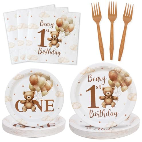 Caisehabu 100pcs Beary First Birthday Decorations Plates Set, One Year Teddy Bear Birthday Decorations Plates Napkins Forks for 25 Guests