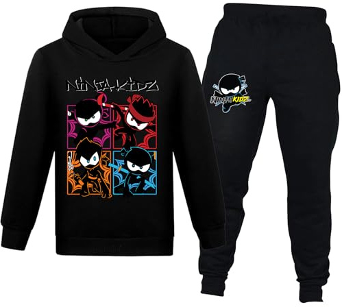 Banxidi Boys Ninja kidz Hoodie Tracksuit Set Long Sleeve Sweatshirt & Joggers Outfit Soft Cotton Casual Sportswear for Kids black-140CM
