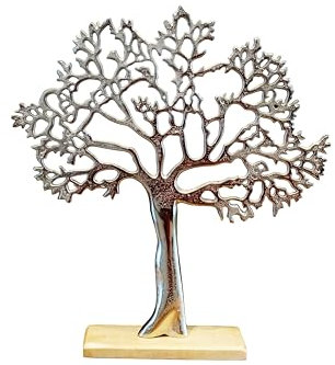 Decorazione moderna dell'albero della vita – 42 cm – Scultura in metallo argentato su supporto in legno – centrotavola decorativo da tavolo per soggiorno, ufficio, ingresso – regalo per la casa