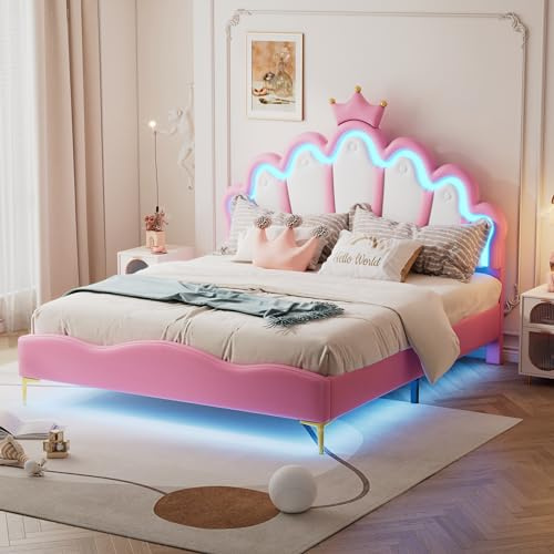 RIAZOS Kinderbett Polsterbett 140x200, Kronenförmiges Prinzessinnenbett, Bettgestell für Mädchen, mit Verstellbares Kopfteil, Doppelbett mit LED und Lattenrost, PU-Leder, Rosa, ohne Matratze