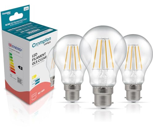 Crompton Lamps Filament GLS LED Light Bulb BC-B22d | 10.5W = 100W Equivalent | Warm White 2700K | Energy Efficient | Bayonet Lightbulb | Long Life 15,000-Hrs | Clear Glass | 3-Pack