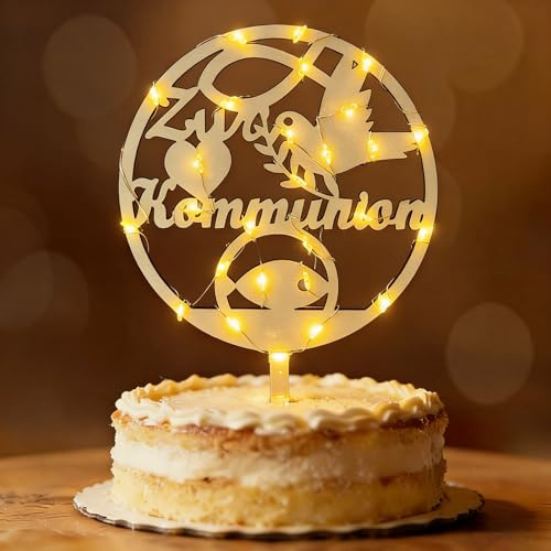 Seutgjie Tortendeko Kommunion Cake Topper Holz mit LED Licht | Erstkommunion Kuchen Deko Kommunion Junge Mädchen