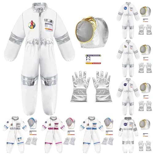 Astronaut Kostüm Kinder 128 4pcs Weiß Astronautenkostüm Kind Unisex Astronautenoverall Astronauten Helm Silberne Handschuhe Weltall Kostüme Mädchen Jungen Raumfahrer Spaceman Fasching Outfit Silber