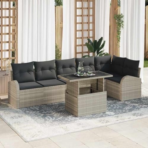 Owoxanthellate 7-Teiliges Gartensofa-Set Hellgrau Poly-Rattan, 100×55×73 cm, modular Eckbank Balkon-Sitzgruppe