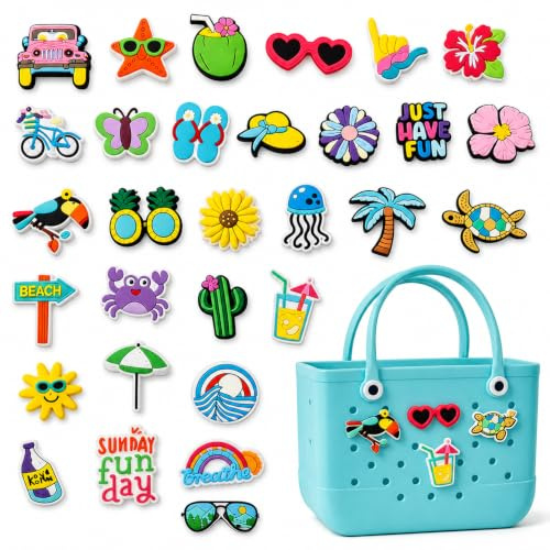 GWANRU 30PCS Charms for Bogg Bag, Hawaii Accessories Flowers Glasses Beach Letters Cute Decoration Charms for Bogg Bag Rubber Tote Beach Bags