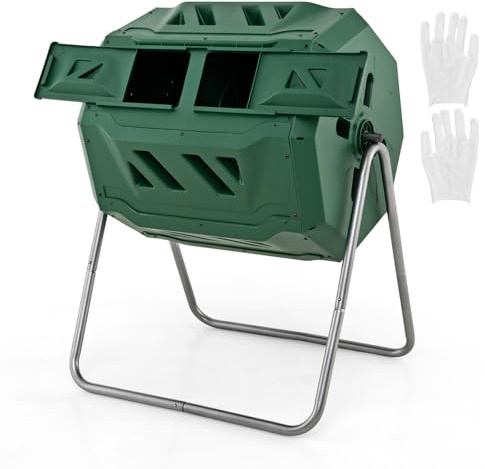 GYMAX 160L Trommel-Komposter, Doppelkammer-Komposteimer mit 2 Schiebetüren & Belüftungslöchern, 360° Drehbarer Gartenkomposter für Garten-, Küchen- & Hofabfälle