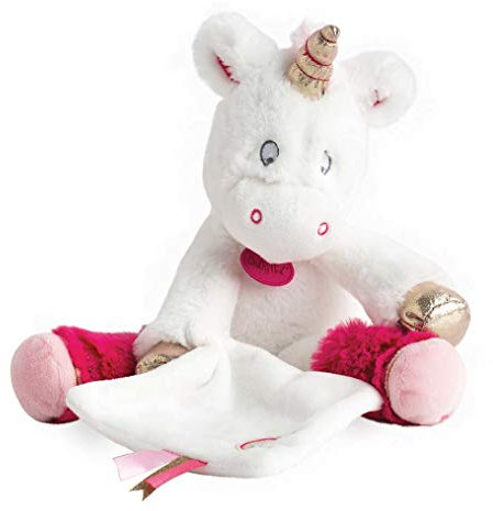 BABY NAT' - Peluche Licorne avec Doudou Mouchoir - 30 cm - Blanc/Rose - Cadeau Naissance Fille - Licorne Arc en Ciel - BN0321