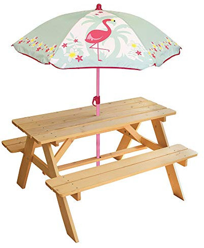 FUN HOUSE 713205 FLAMANT ROSE Table Pique Nique en bois avec parasol pour Enfant Rose