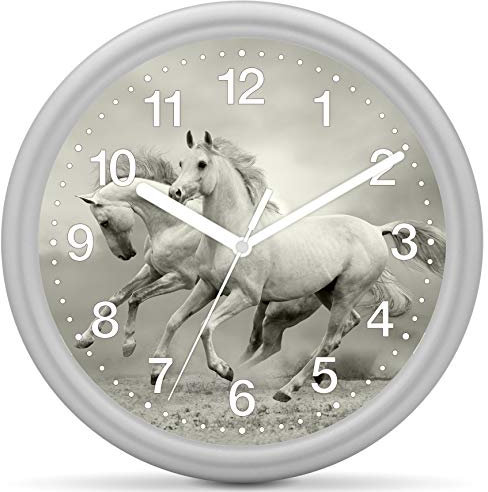 Eurotime Quarzwanduhr, 25 cm, Kunststoffgehäuse Silber, Kunststoffglas, klares 12-Zahlen Zifferblatt mit Pferdemotiv, geräuscharmes Uhrwerk, kein Ticken, Wanduhr für Kinderzimmer, 82217-07
