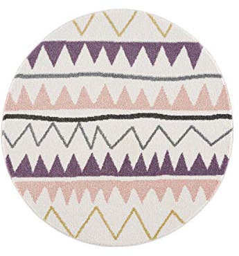 carpet city Kinderteppich - Zickzack-Motiv 160 cm Rund Creme Rosa - Kinderzimmer Teppich Modern Mädchen