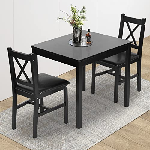 Hudada 3-Piece Solid Wood Kitchen Table Set for 2 | Pine Dining Table with Upholstered Chairs | Space-Saving Design | Smooth Easy-to-Clean Surface | for Dining Room, Apartment, Restaurant, Dark Brown