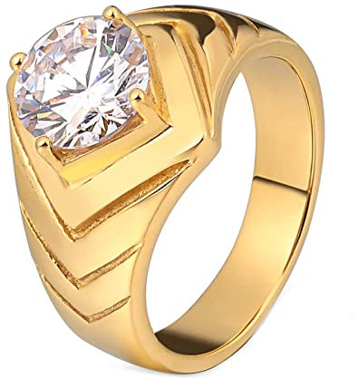 Dsnyu Ringe für Herren, 8mm Siegelring Solitaire V-Linie mit Zirkonia, Edelstahl Gold Ring für Hochzeit, Größe 65 (20.7)